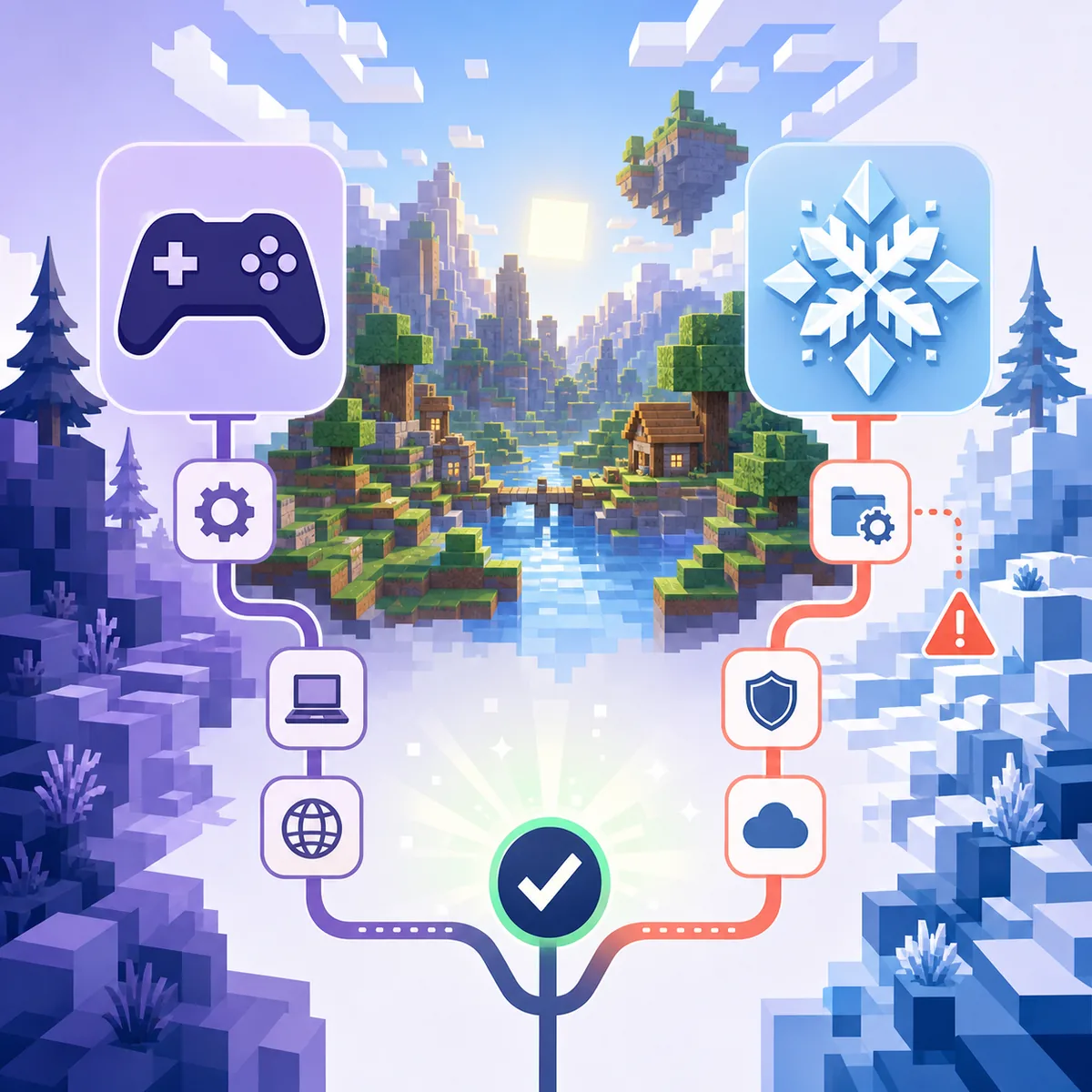 Editorial comparison graphic showing a standard Roblox launch path and a clean Froststrap path meeting at the same game world