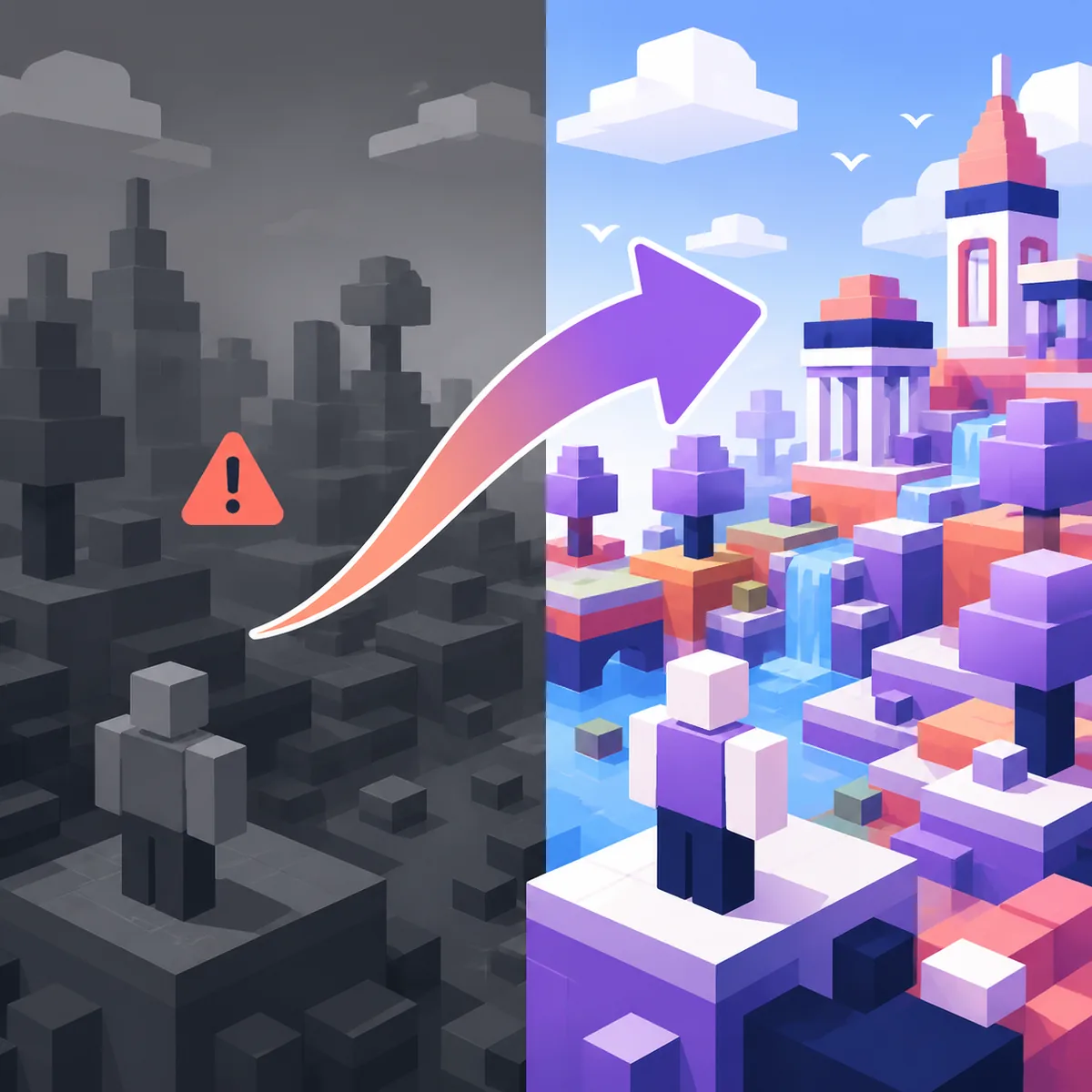 Editorial illustration showing a dim outdated blocky game world changing into a bright updated world