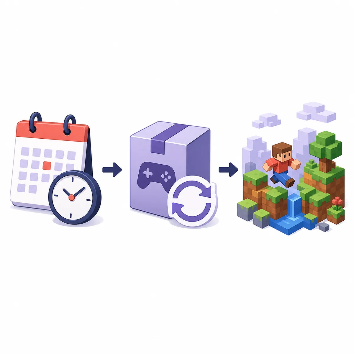 Editorial step flow showing device time, official game update and retrying a blocky game