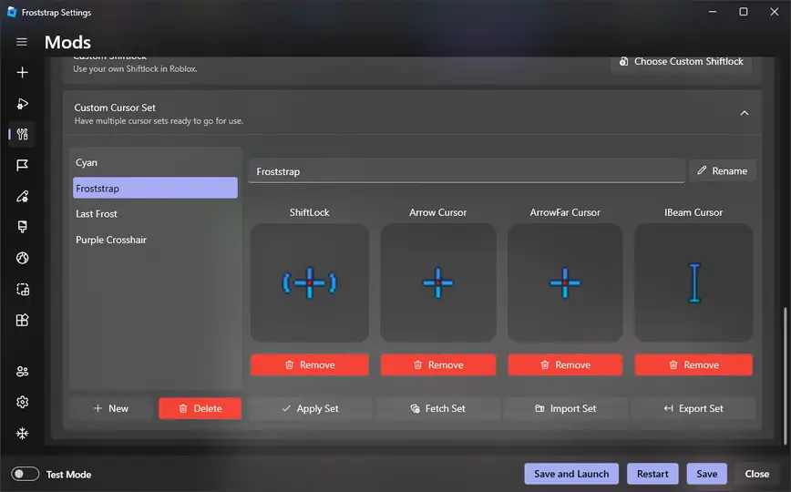 Froststrap customization interface showing cursor options